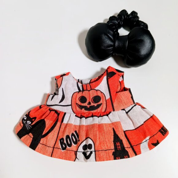 Spooky Halloween Jack o Lantern Pumpkin Dress and Bow Made to Fit Labubu - Picture 5 of 8